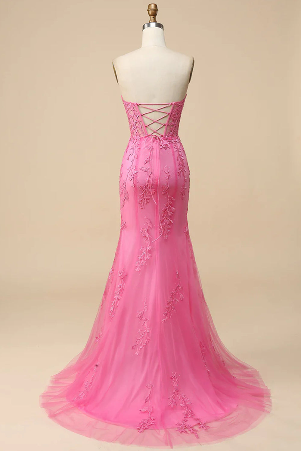 Robe de bal sirène longue en dentelle rose avec corset bustier et fente