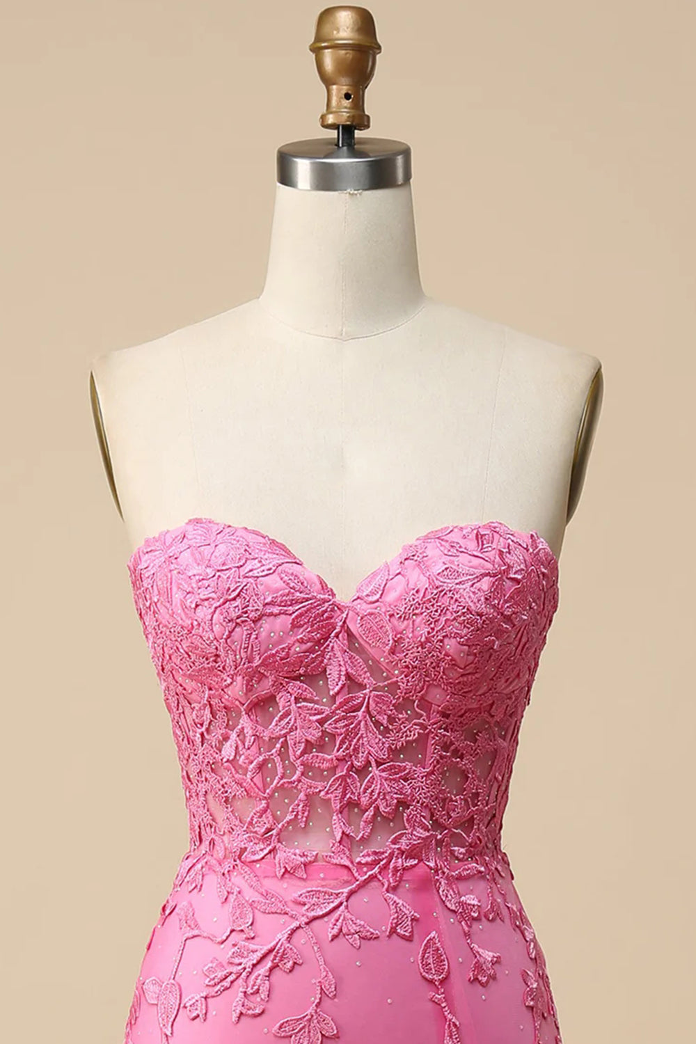 Robe de bal sirène longue en dentelle rose avec corset bustier et fente