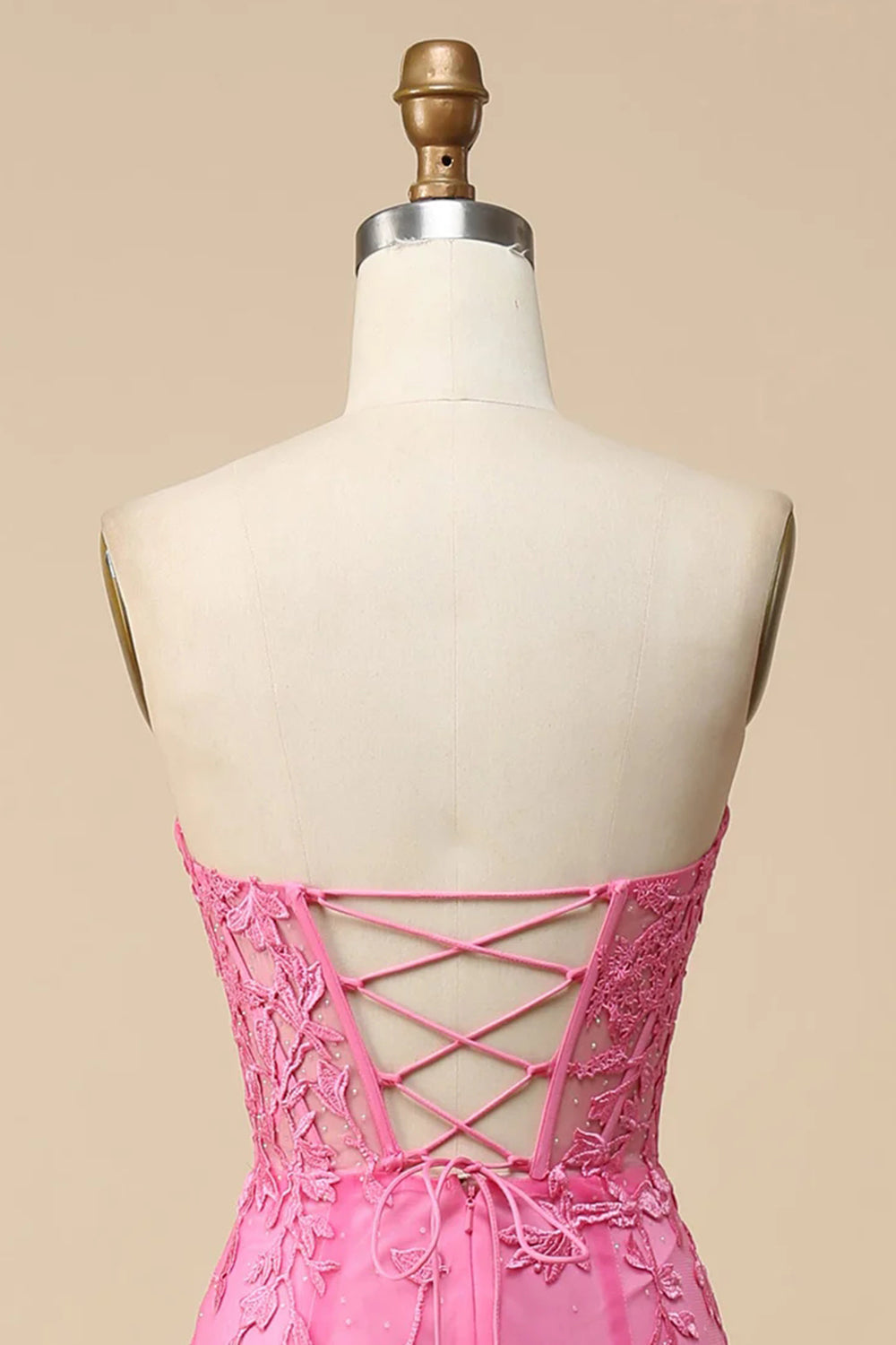 Robe de bal sirène longue en dentelle rose avec corset bustier et fente