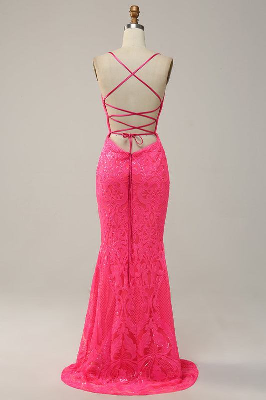 Mermaid Spaghetti Straps Sequined Hot Pink Long Prom Dress