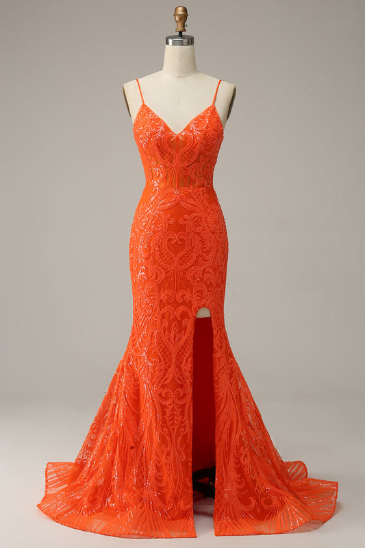 Mermaid Spaghetti Straps Orange Long Prom Dress with Front Slit