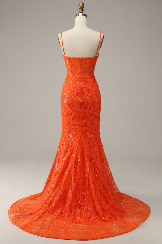 Mermaid Spaghetti Straps Orange Long Prom Dress with Front Slit