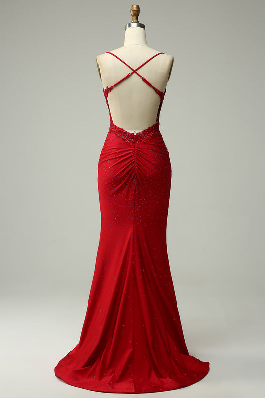 Dark Red Halter Mermaid Prom Dress with Appliques
