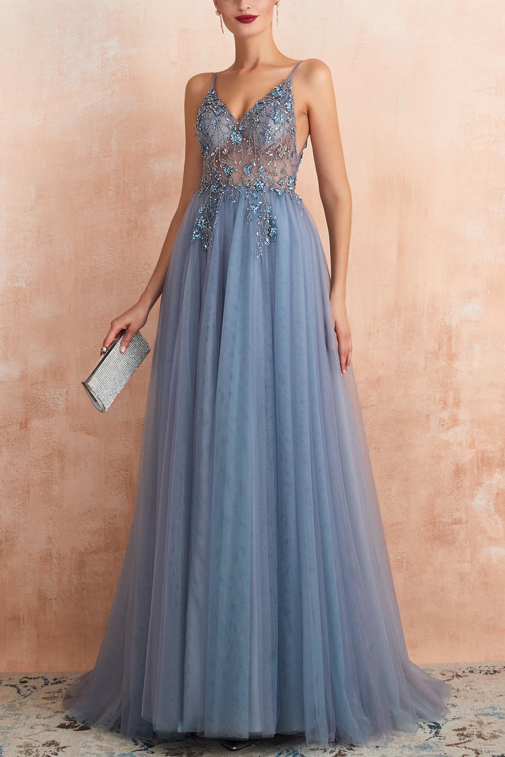 Tulle V-Neck Gown with Slit