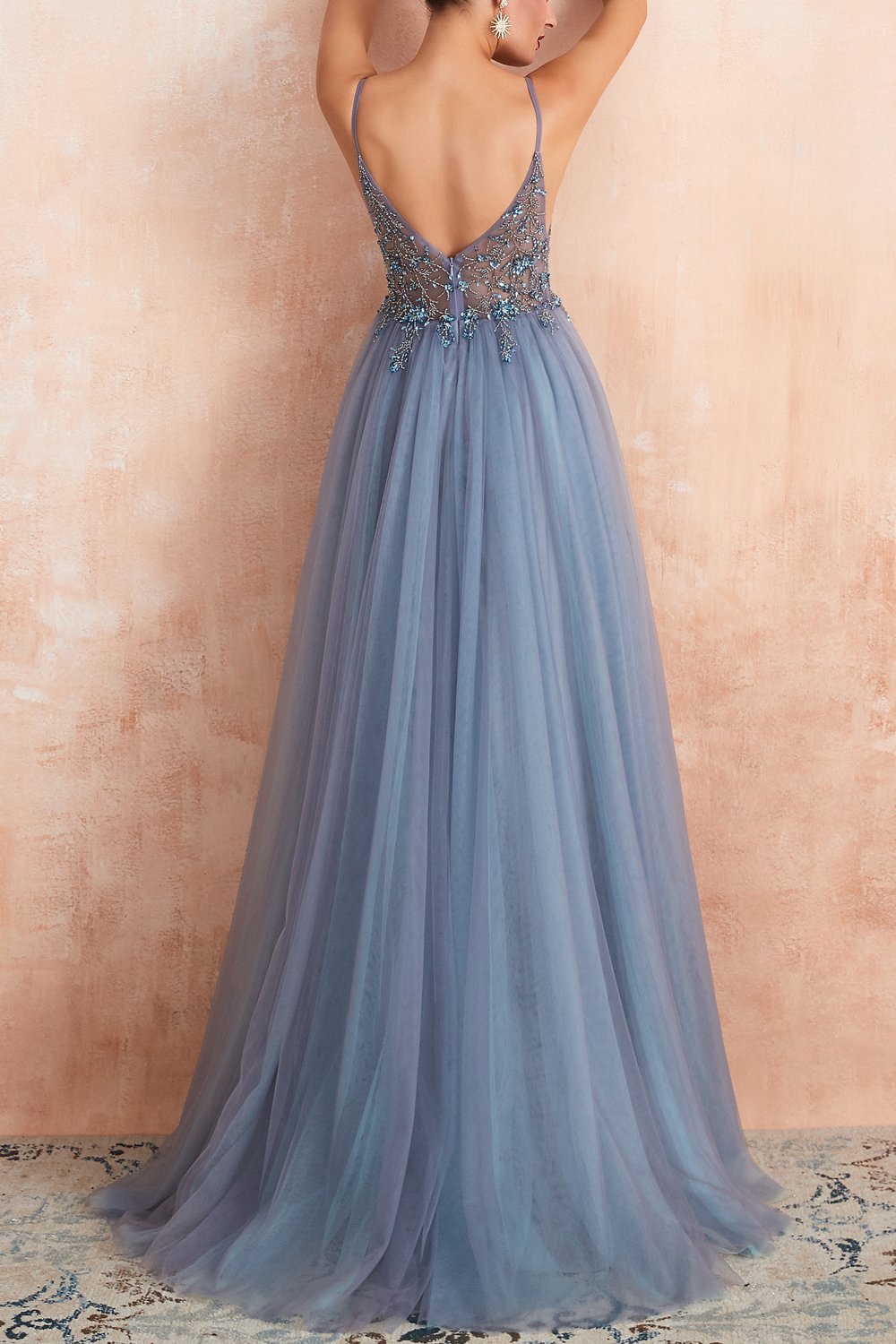 Tulle V-Neck Gown with Slit