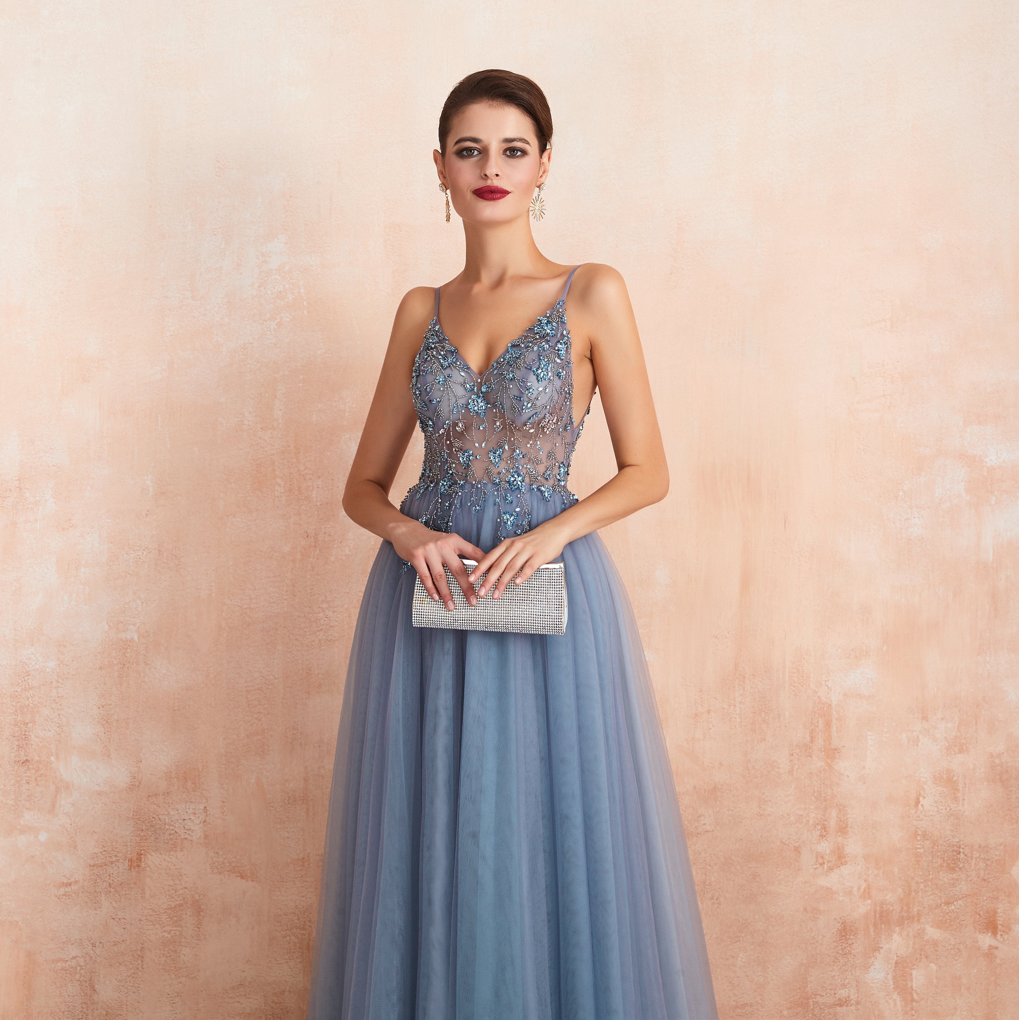 Tulle V-Neck Gown with Slit