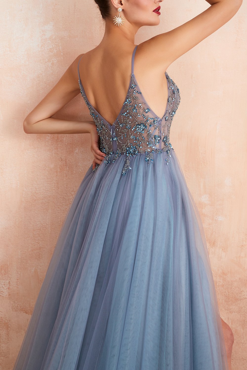 Tulle V-Neck Gown with Slit