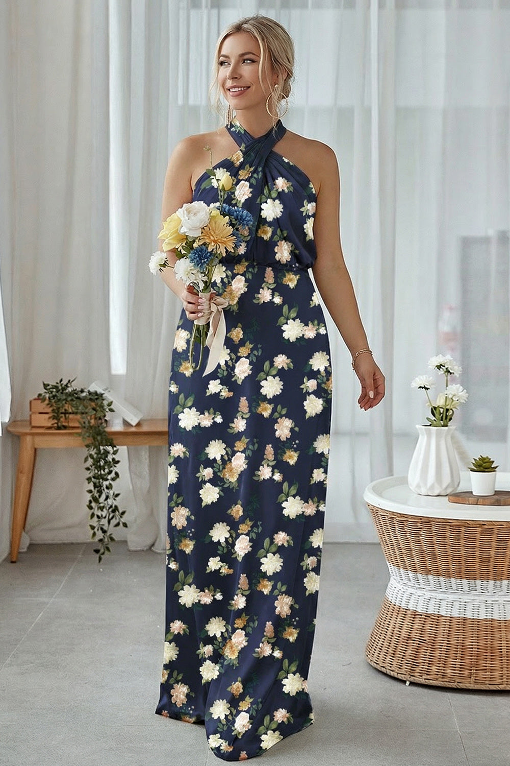 Navy Bloom Sheath Halter Neck Satin Long Bridesmaid Dress