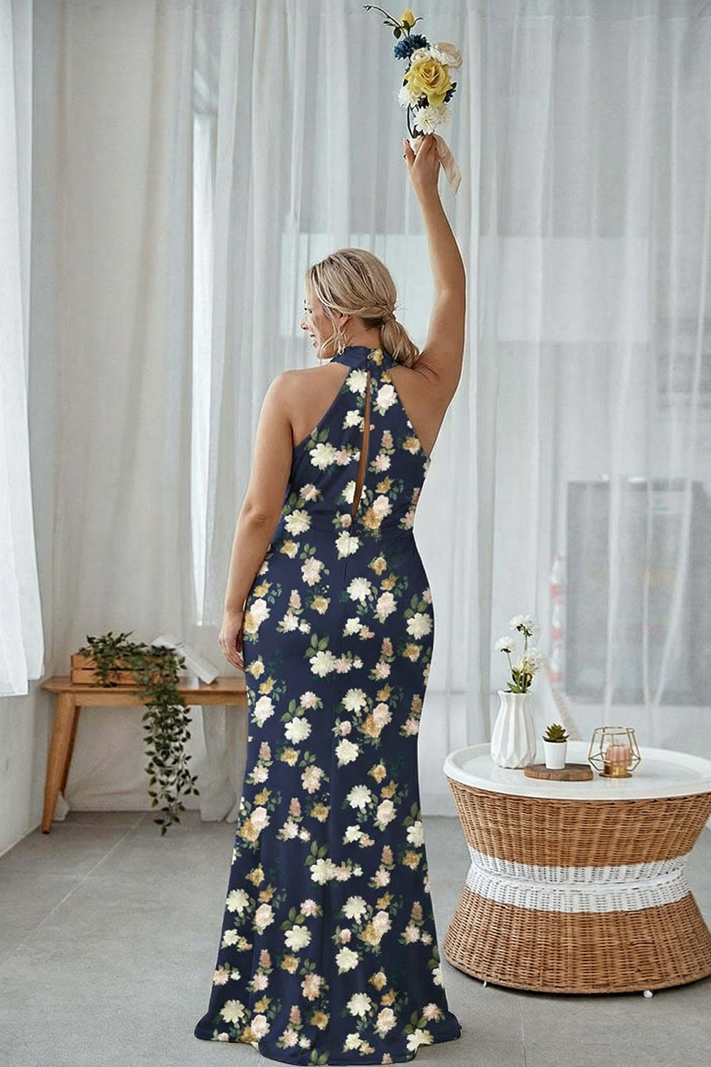 Funda Halter Azul Blanco Flor Talla Grande Vestido Largo De Dama De Honor Estampado