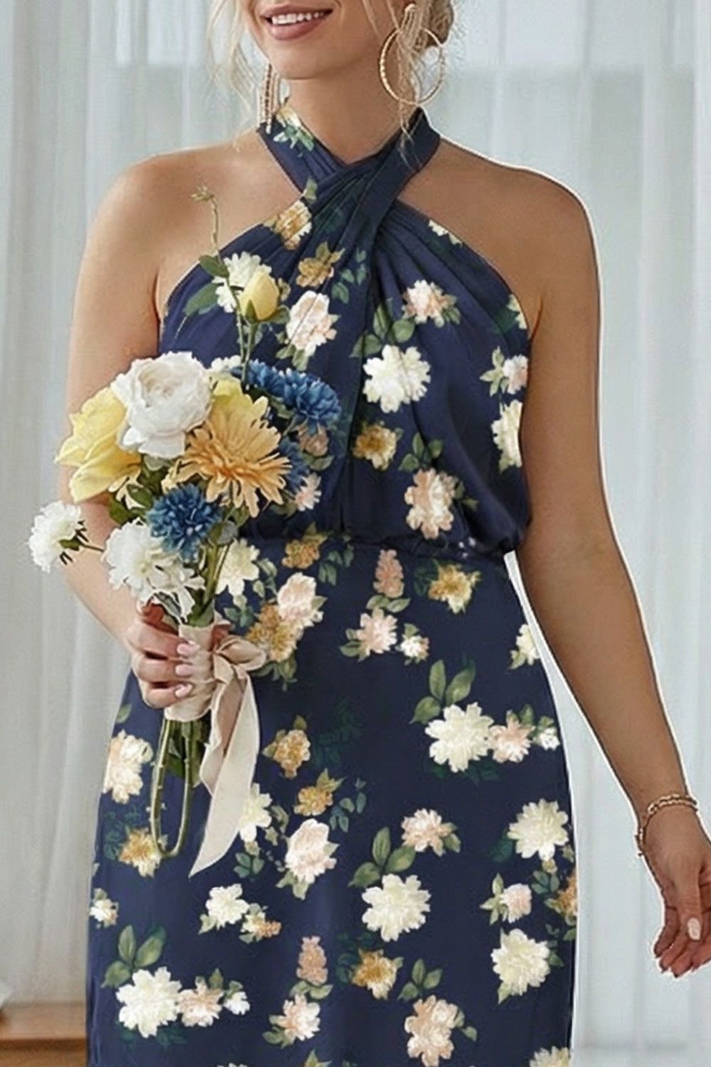 Funda Halter Azul Blanco Flor Talla Grande Vestido Largo De Dama De Honor Estampado