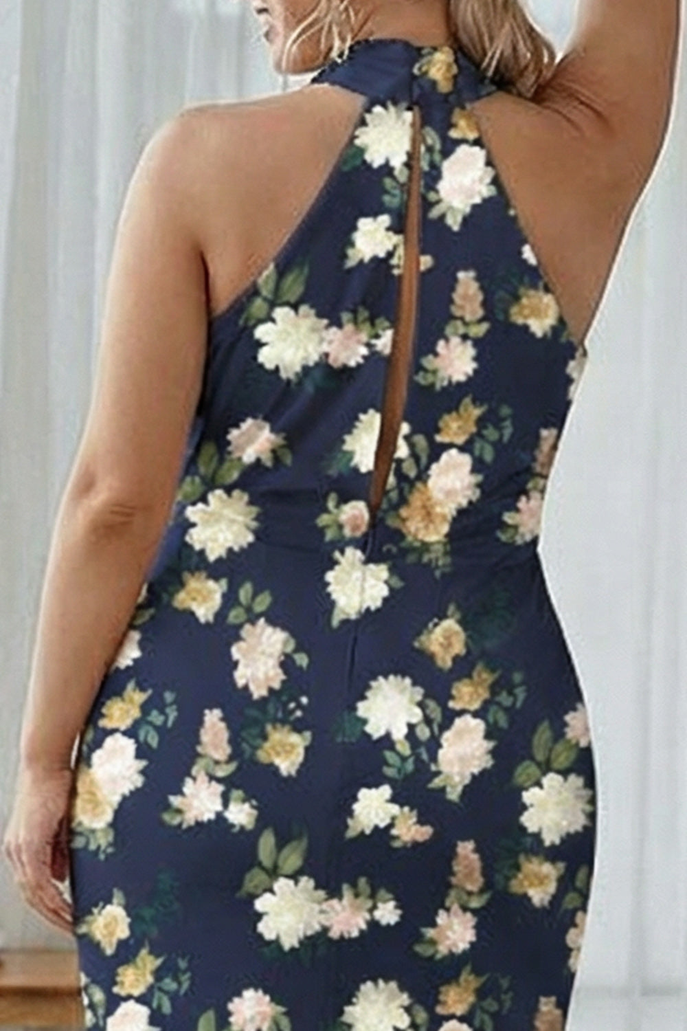 Funda Halter Azul Blanco Flor Talla Grande Vestido Largo De Dama De Honor Estampado
