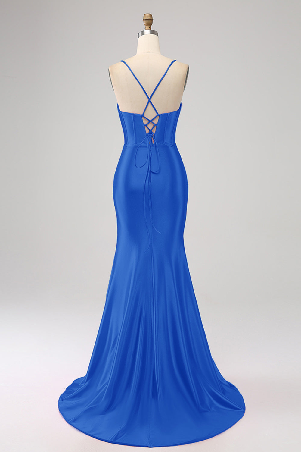 Superbe Robe de Bal de sirène en Corset Bleu Royal à Bretelles Fines avec Fente sur le Devant