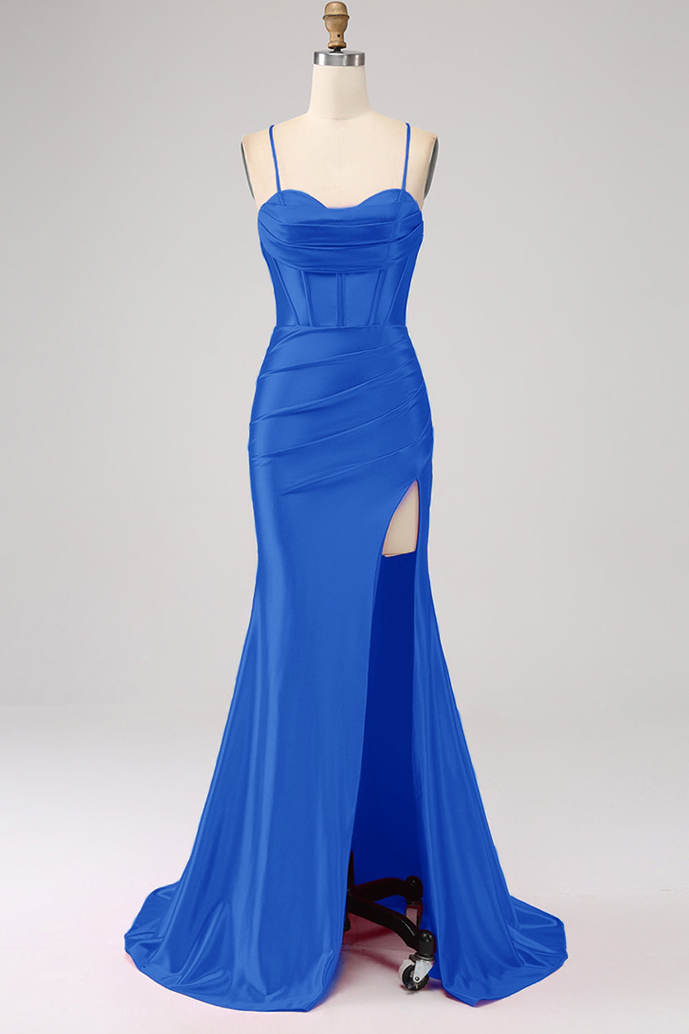 Superbe Robe de Bal de sirène en Corset Bleu Royal à Bretelles Fines avec Fente sur le Devant
