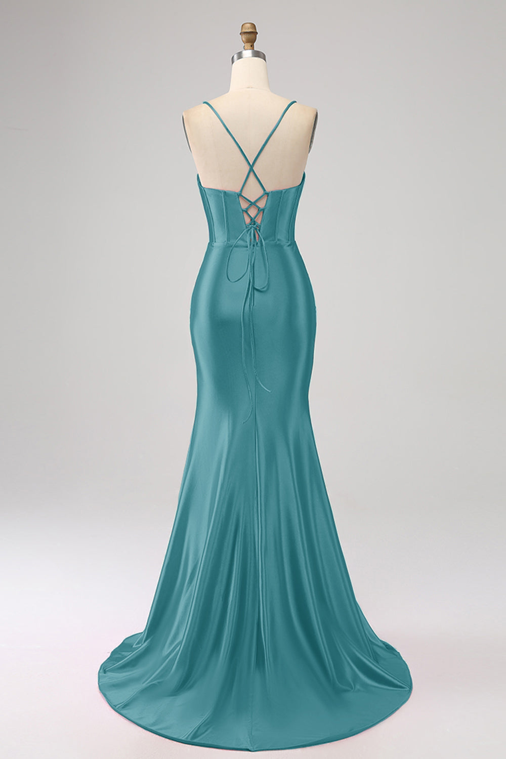 Superbe Robe de Bal de sirène en Corset Bleu Royal à Bretelles Fines avec Fente sur le Devant