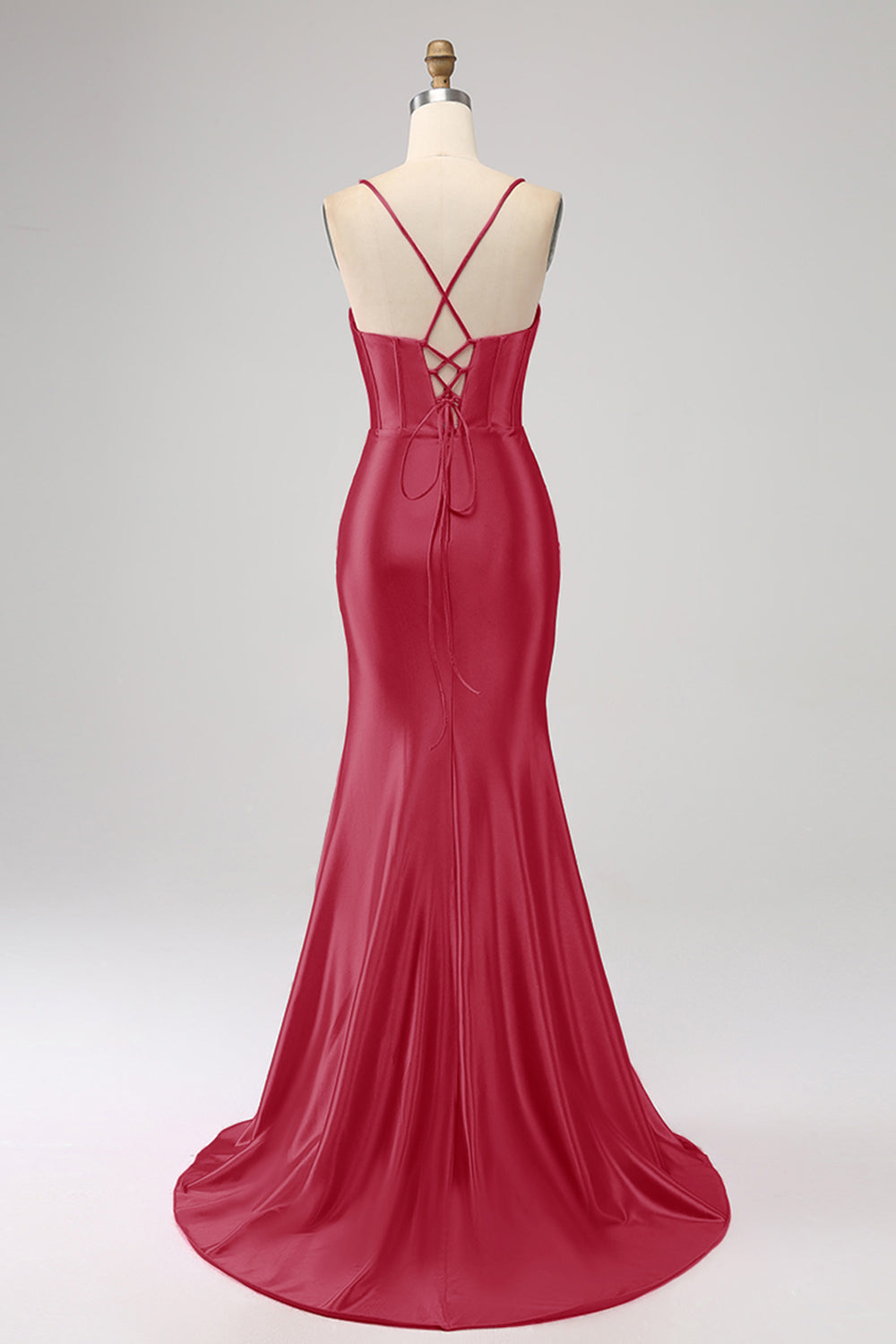 Superbe robe de bal fuchsia sirène avec corsage et bretelles spaghetti, et fente sur le devant