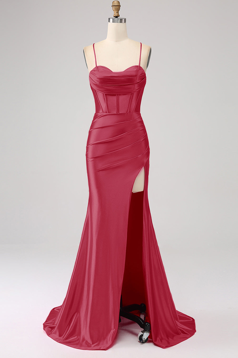 Superbe robe de bal fuchsia sirène avec corsage et bretelles spaghetti, et fente sur le devant