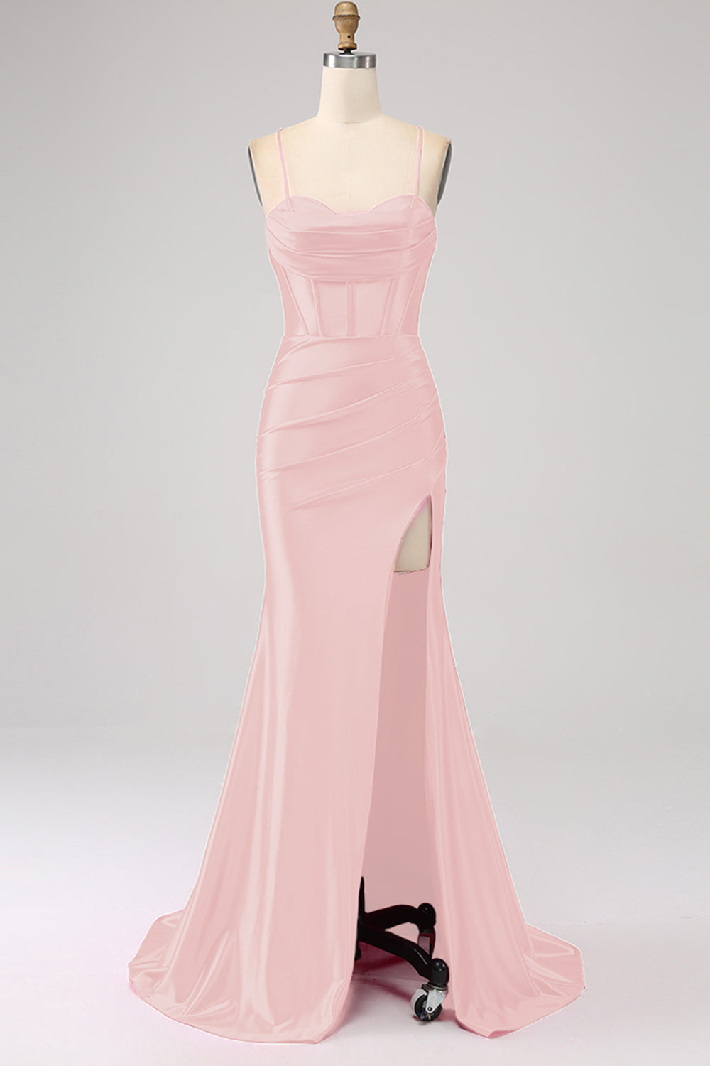 Superbe robe de bal fuchsia sirène avec corsage et bretelles spaghetti, et fente sur le devant