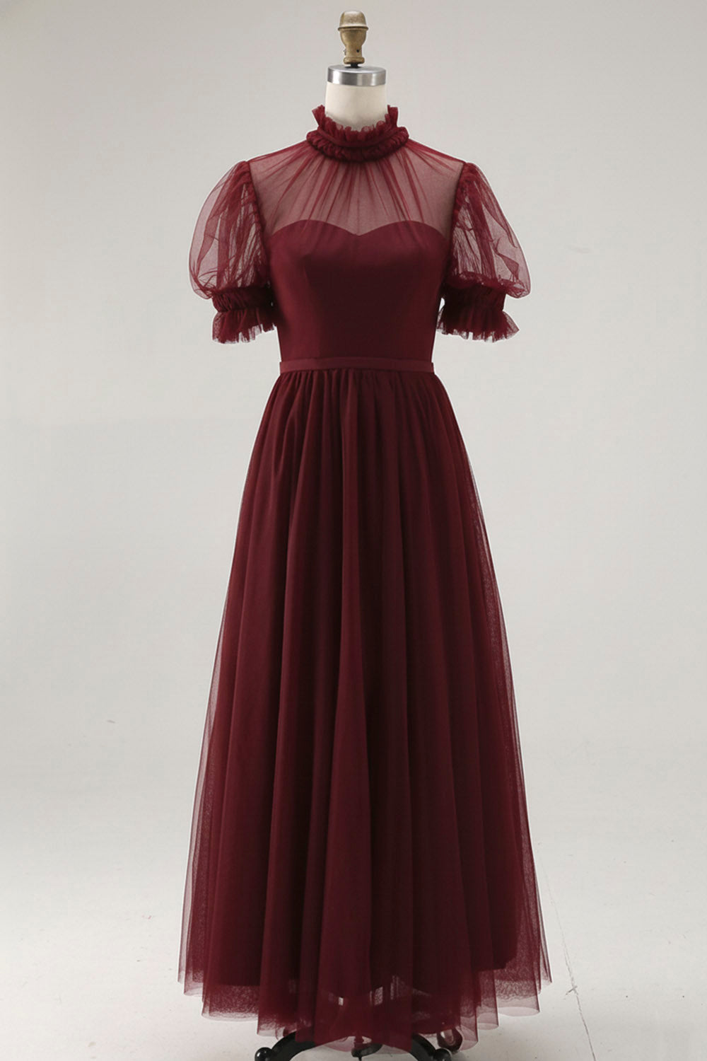 Dusty Blue A-Line High Neck Tulle Midi Formal Dress with Sleeves