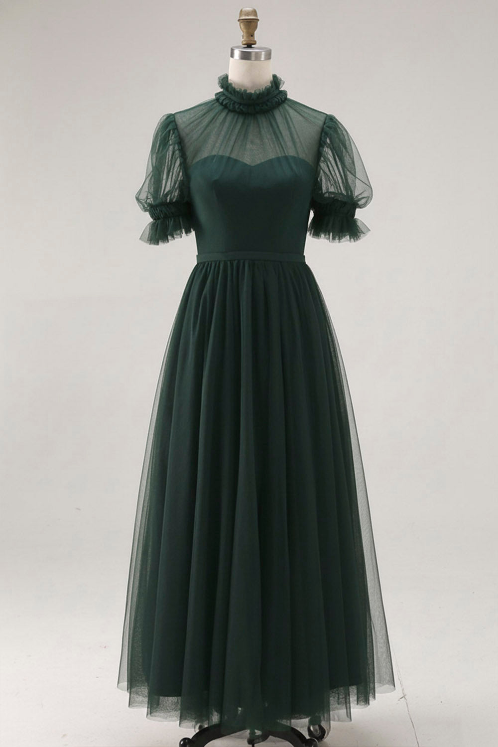 Dusty Blue A-Line High Neck Tulle Midi Formal Dress with Sleeves