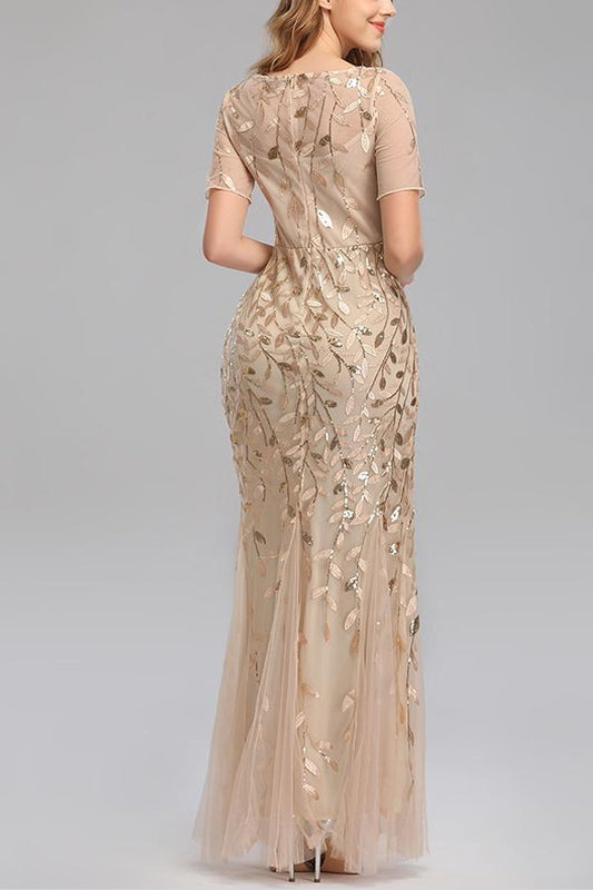 Robe de bal sirène champagne à manches courtes