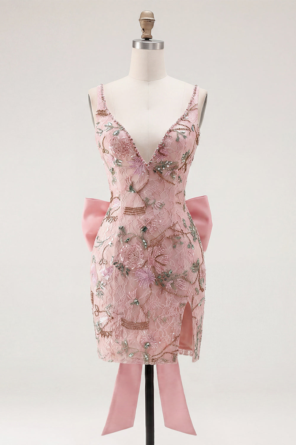 Robe de bal moulante rose à décolleté en V, motif floral et fente