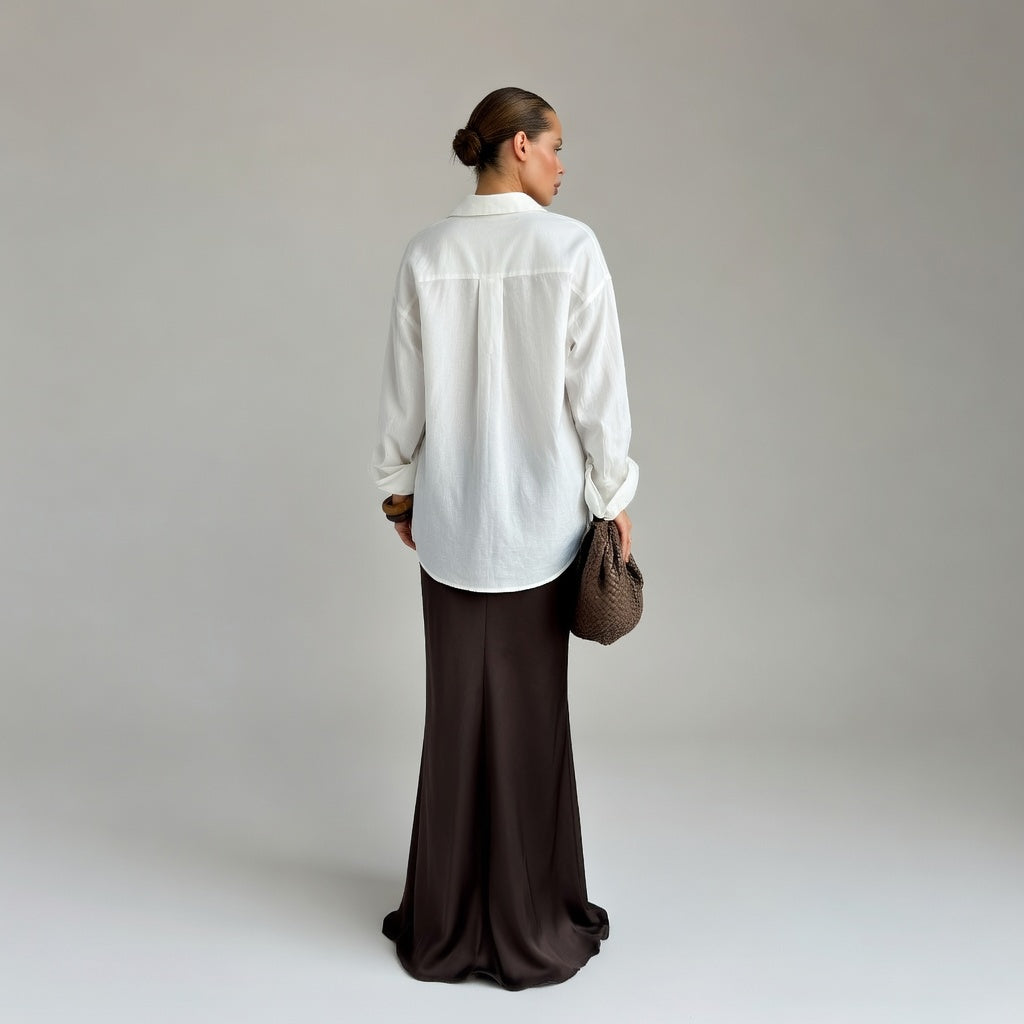 Falda Verano Muse™ marrón de satén grueso mate de estilo retro de talle alto