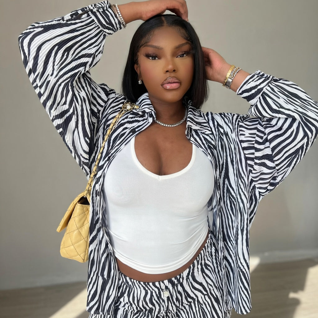 Verano Muse™ Pleated Zebra Print Long Sleeve Shirt With Wide-leg Pants