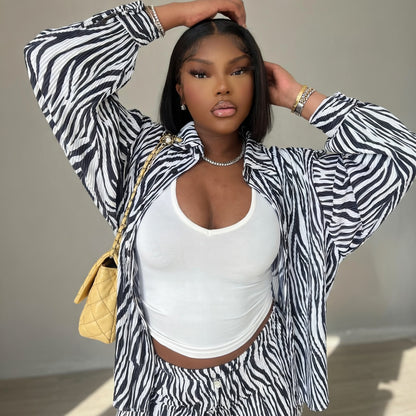 Verano Muse™ Pleated Zebra Print Long Sleeve Shirt With Wide-leg Pants