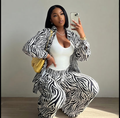 Verano Muse™ Pleated Zebra Print Long Sleeve Shirt With Wide-leg Pants