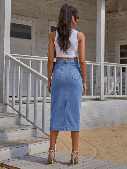 Button Irregular Slit denim High Waist Skirt