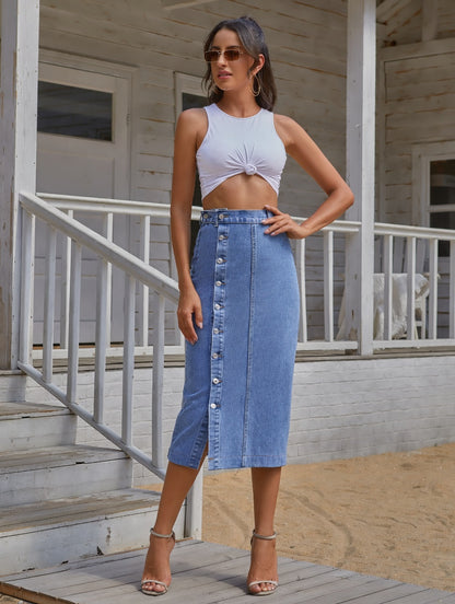 Button Irregular Slit denim High Waist Skirt