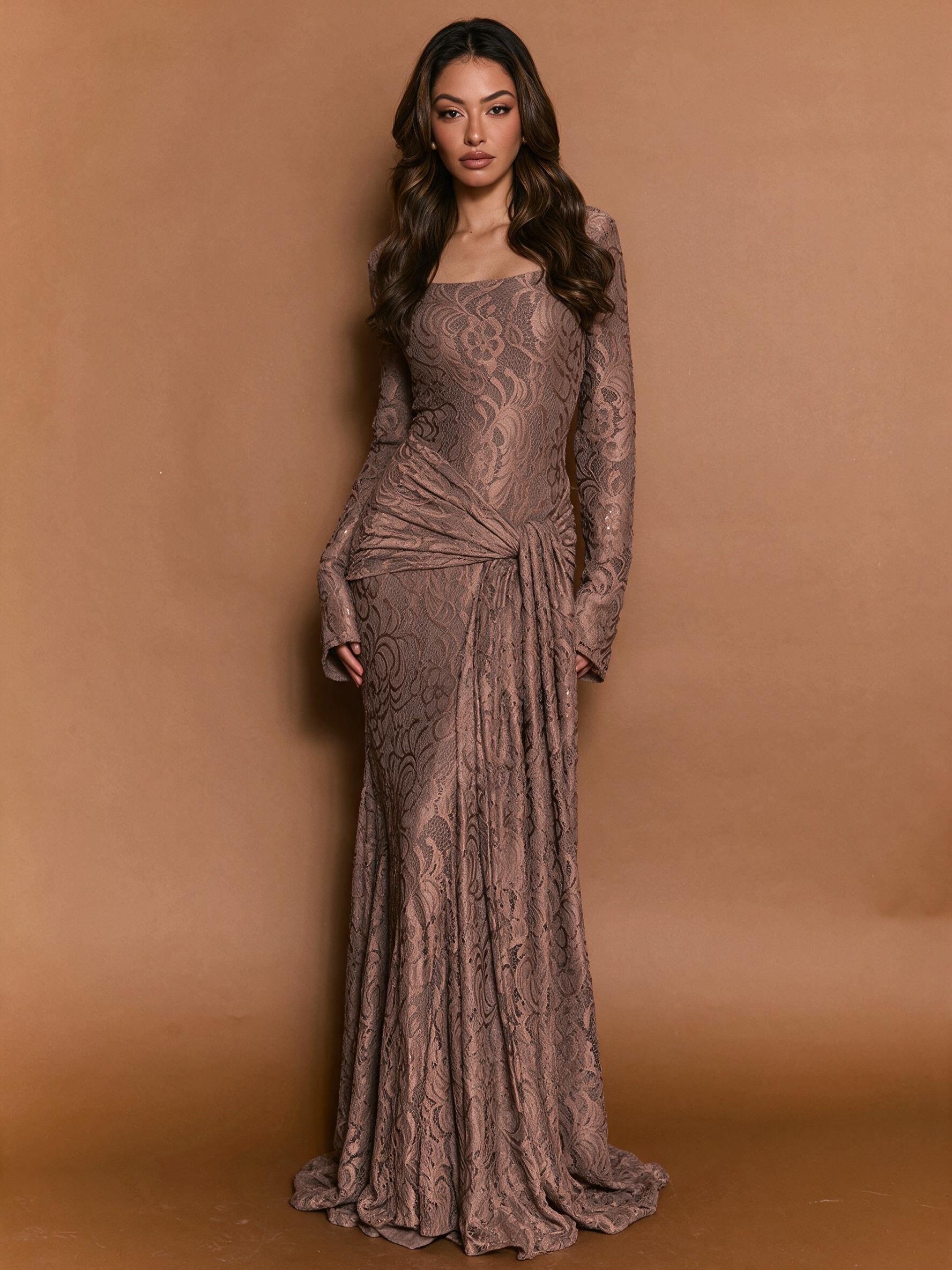 Verano Muse™ Vestido Maxi de Encaje con Manga Acampanada y Pañuelo Removible | Silueta Sirena