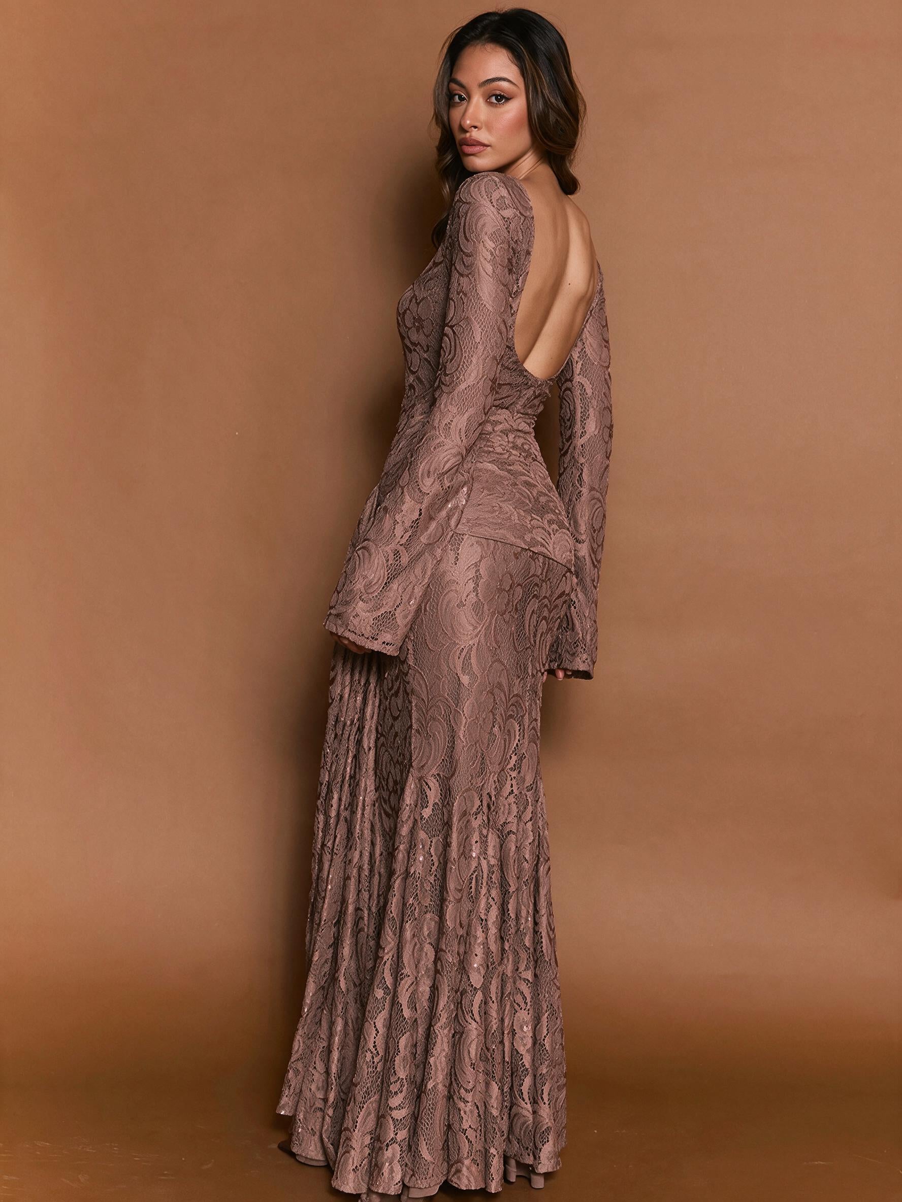 Verano Muse™ Vestido Maxi de Encaje con Manga Acampanada y Pañuelo Removible | Silueta Sirena