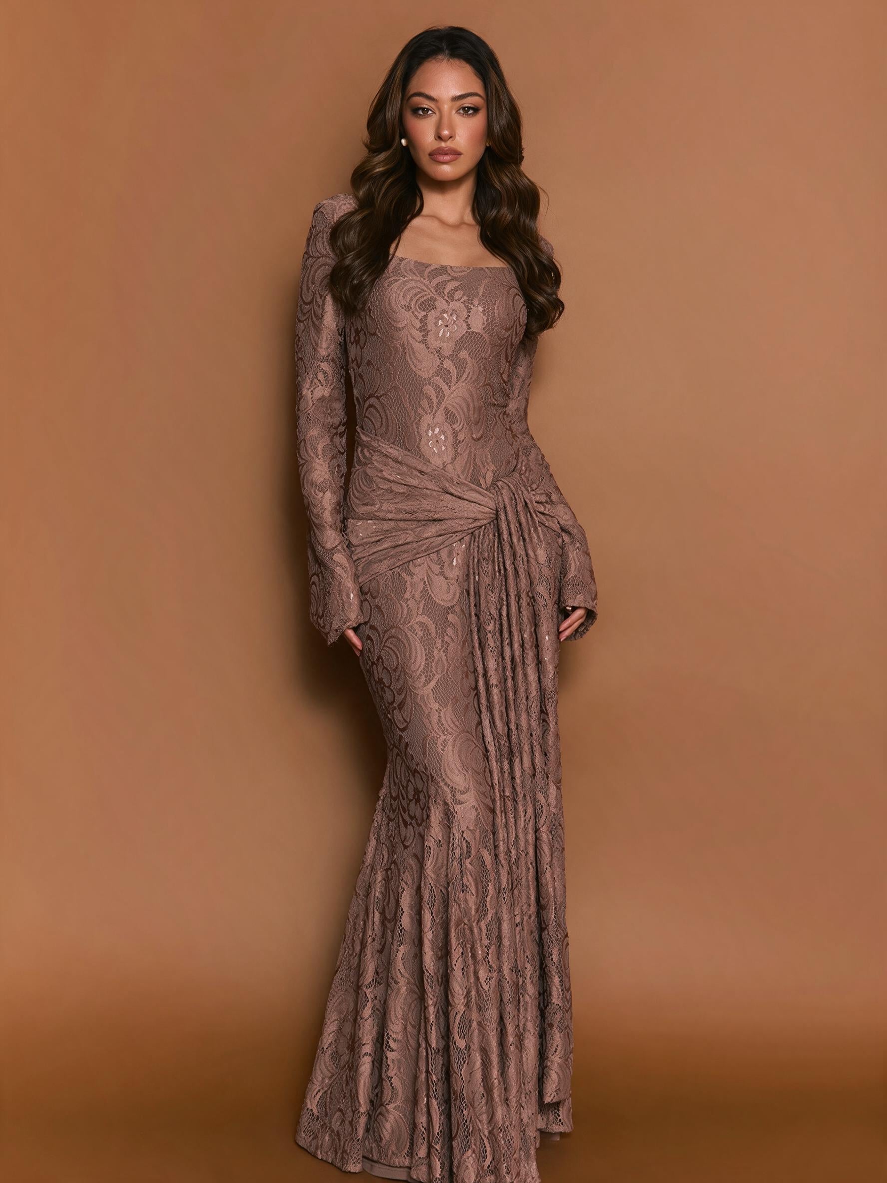 Verano Muse™ Vestido Maxi de Encaje con Manga Acampanada y Pañuelo Removible | Silueta Sirena