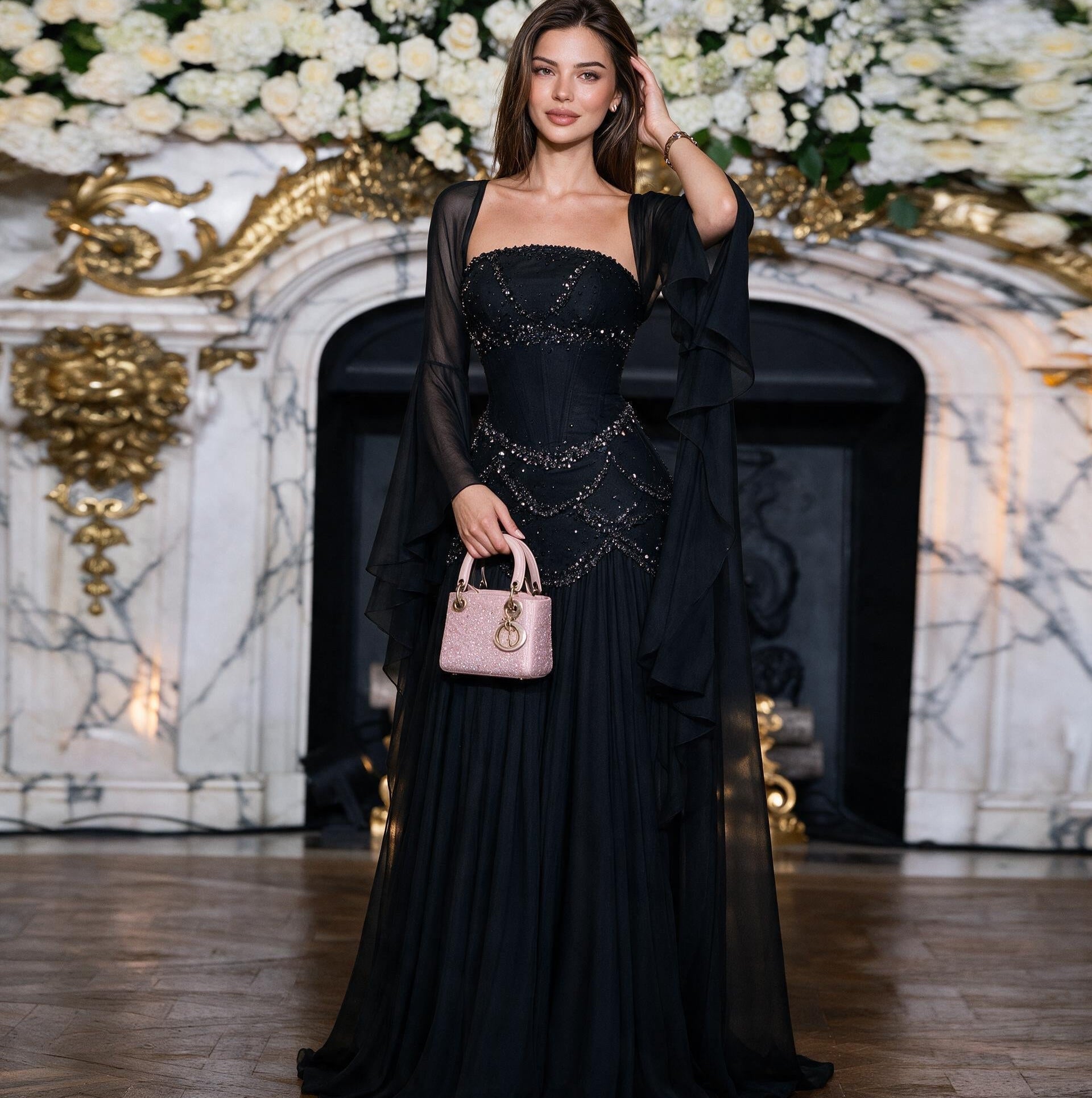 Robe de soirée bleue Muse™ pour l'été avec perles, franges et manteau fluide | L'élégance dans chaque détail