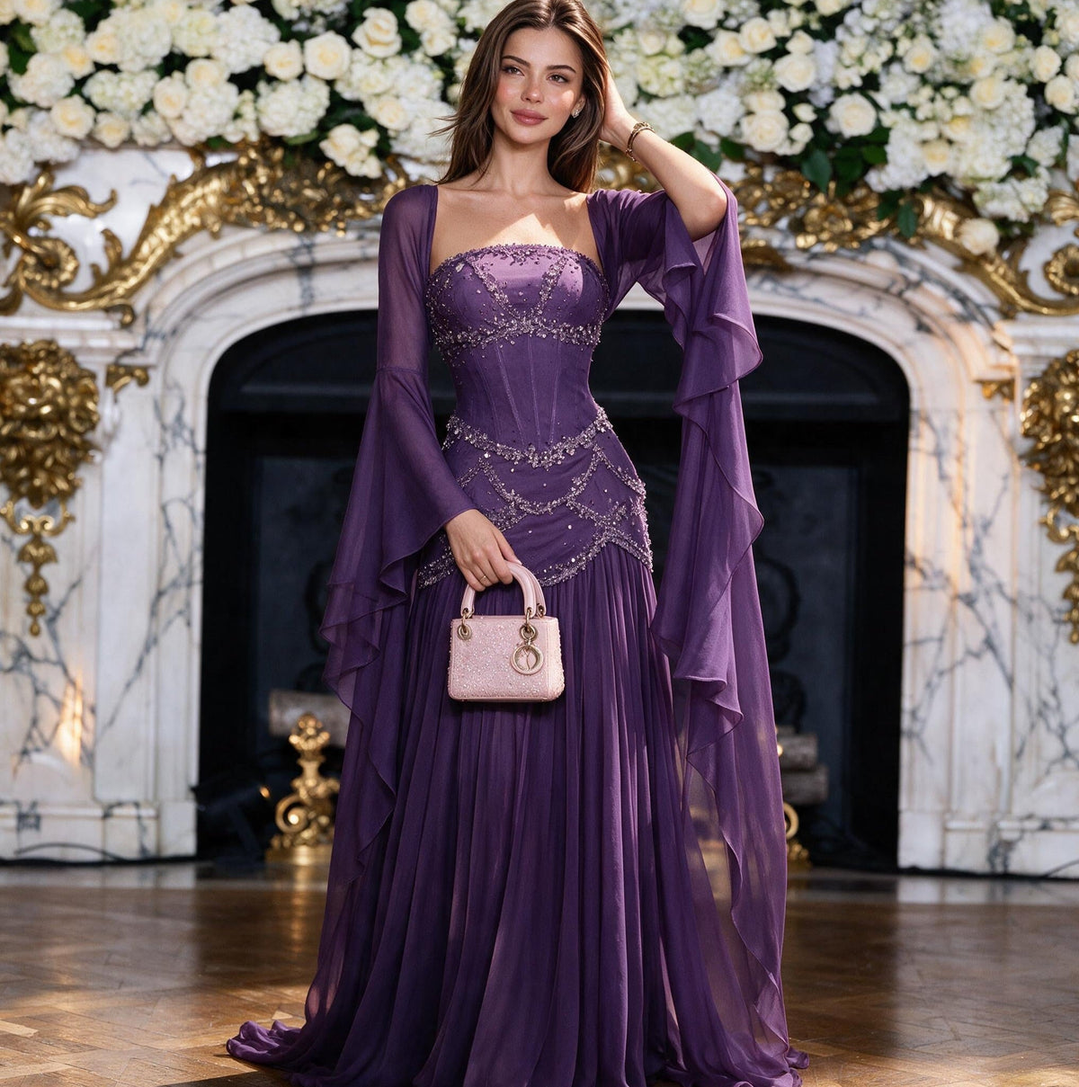 Robe de soirée bleue Muse™ pour l'été avec perles, franges et manteau fluide | L'élégance dans chaque détail