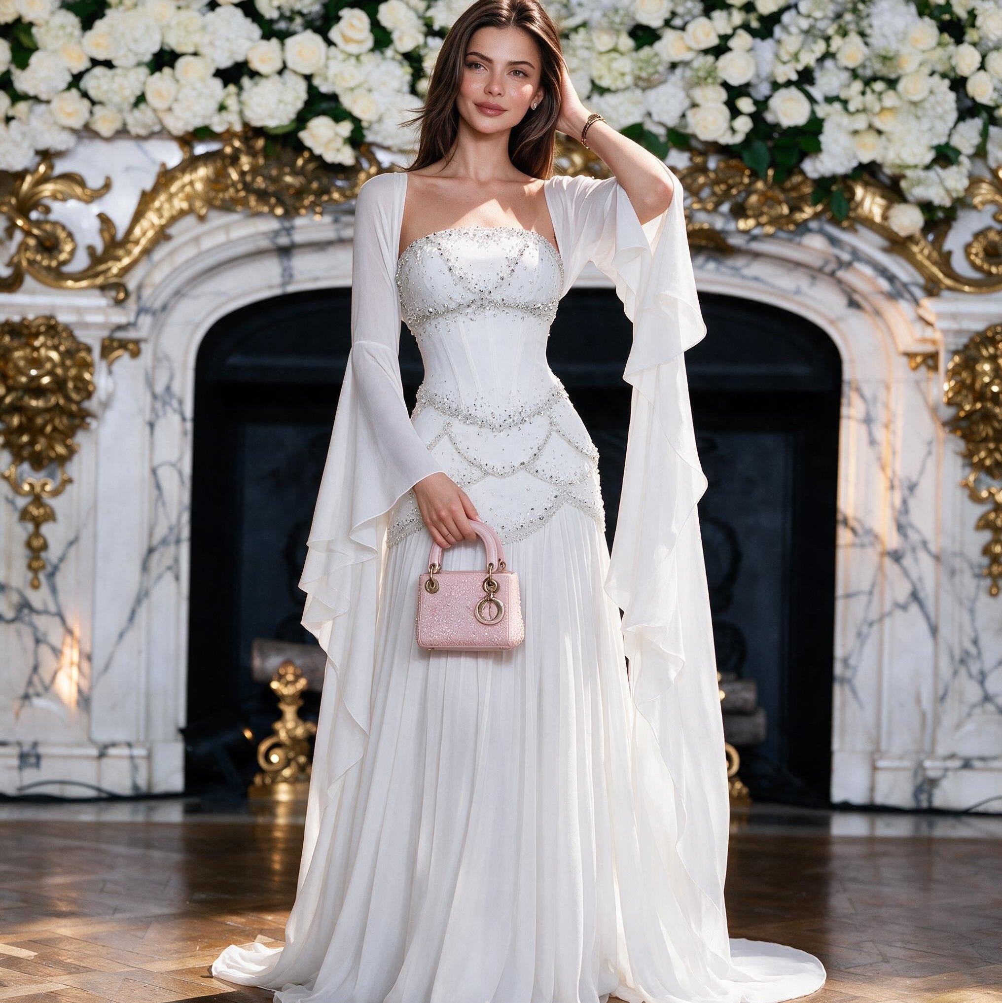 Robe de soirée bleue Muse™ pour l'été avec perles, franges et manteau fluide | L'élégance dans chaque détail