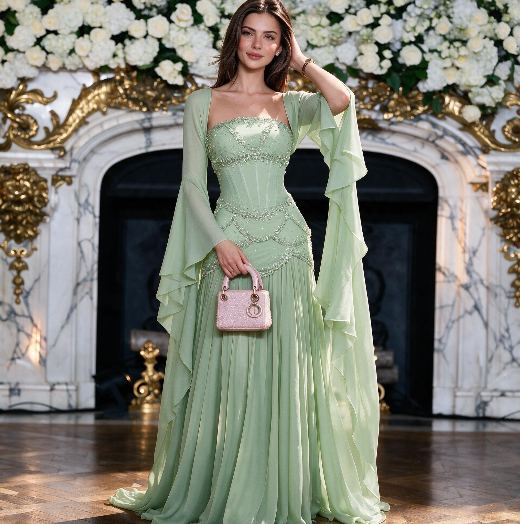Robe de soirée bleue Muse™ pour l'été avec perles, franges et manteau fluide | L'élégance dans chaque détail