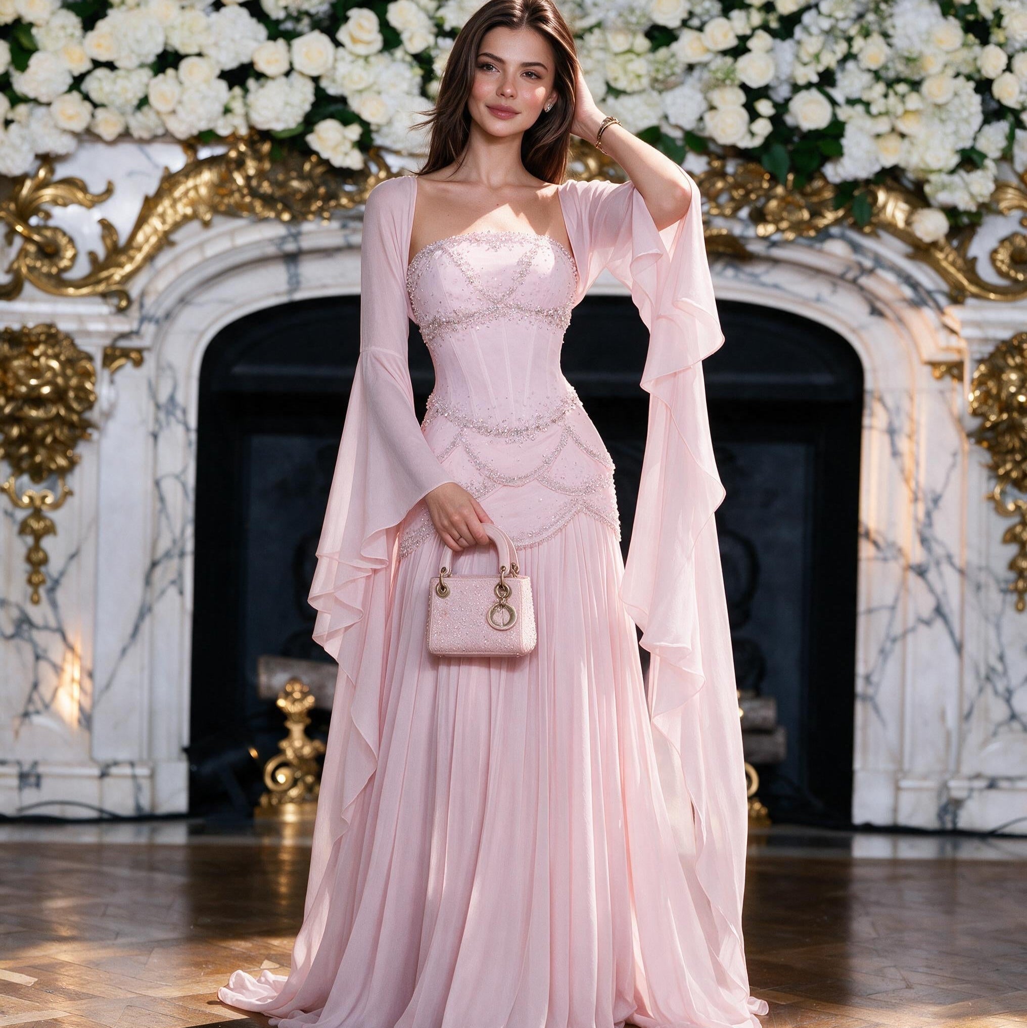 Robe de soirée bleue Muse™ pour l'été avec perles, franges et manteau fluide | L'élégance dans chaque détail
