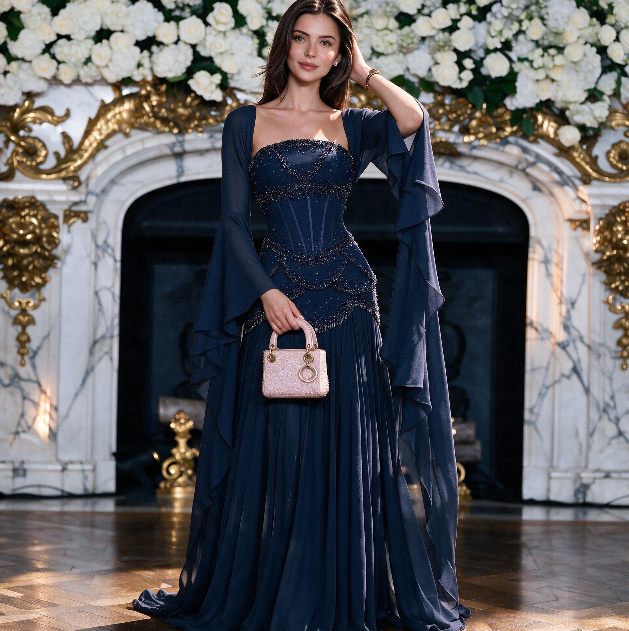 Robe de soirée bleue Muse™ pour l'été avec perles, franges et manteau fluide | L'élégance dans chaque détail