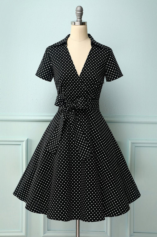 Black Dress with Small White Polka Dots and V-Neck
