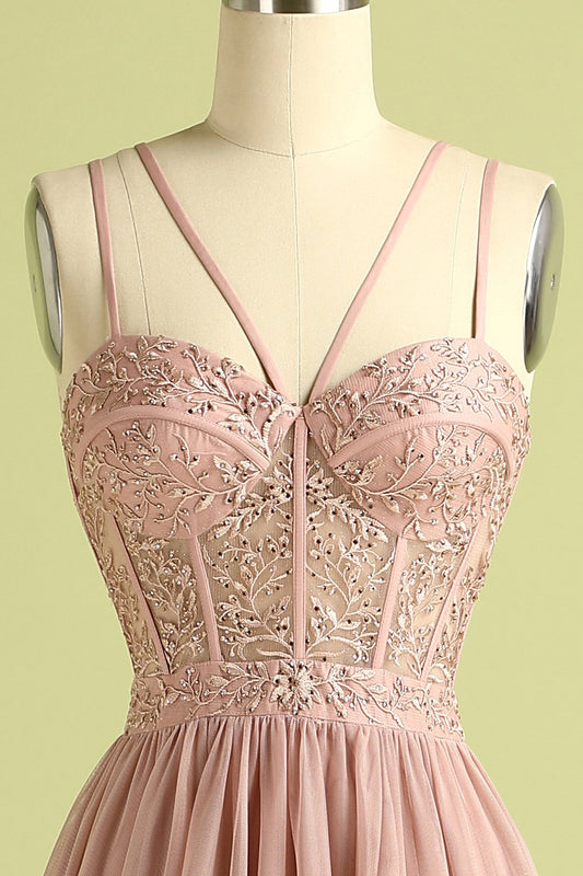 Pink Split Front Spaghetti Strap Prom Dress