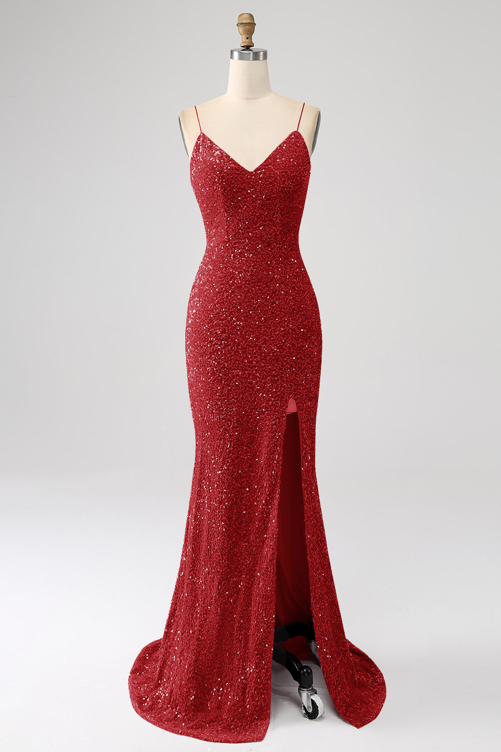 Robe de bal sirène marine à bretelles spaghetti avec sequins et fente