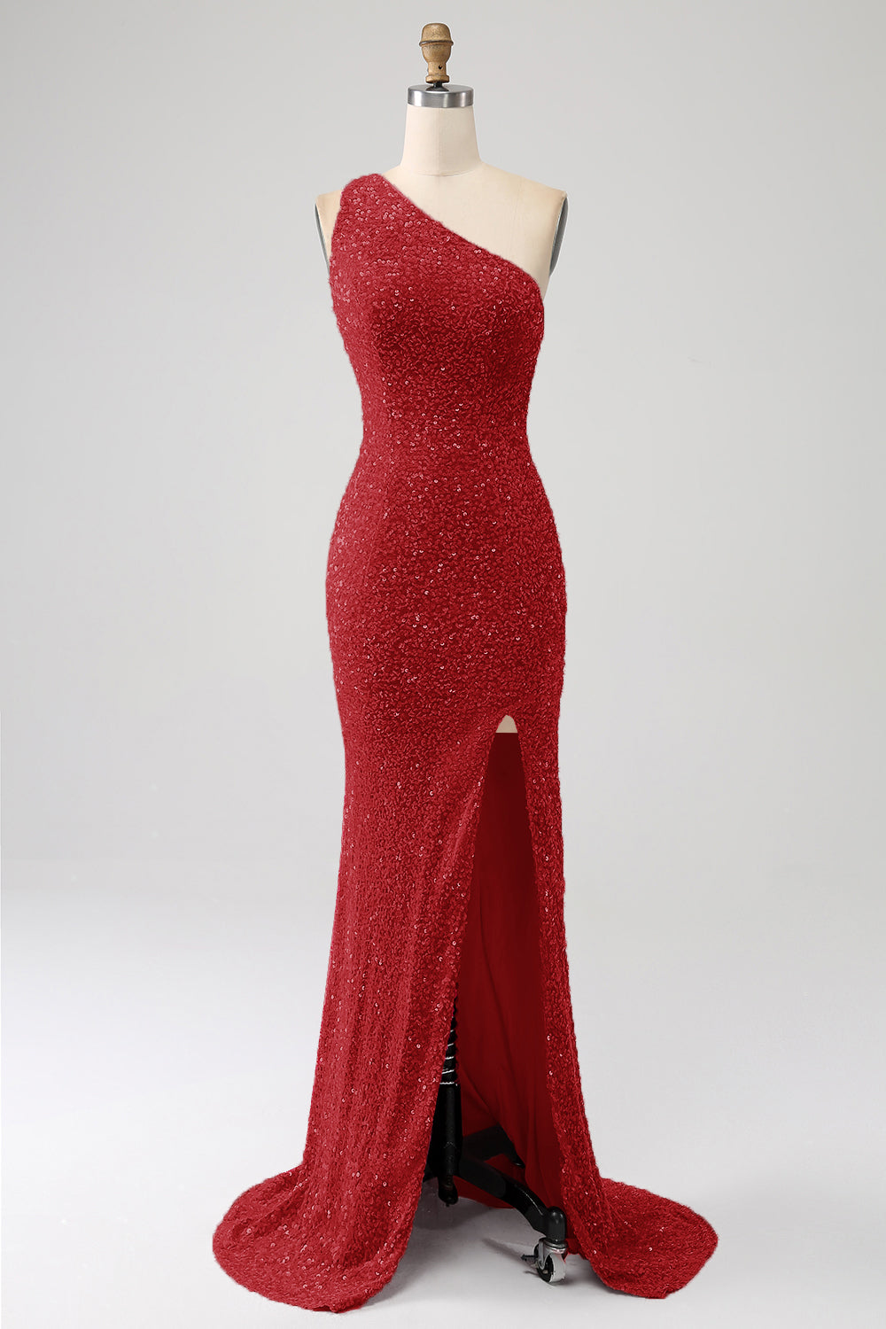 Robe longue de bal sirène scintillante asymétrique en sequins fuchsia avec fente