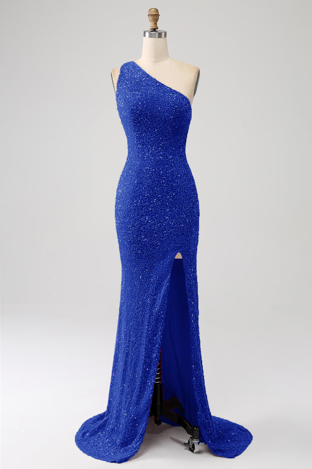 Robe longue de bal sirène scintillante asymétrique en sequins fuchsia avec fente