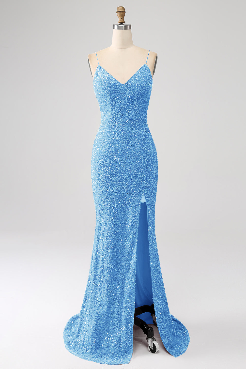 Robe de bal sirène marine à bretelles spaghetti avec sequins et fente