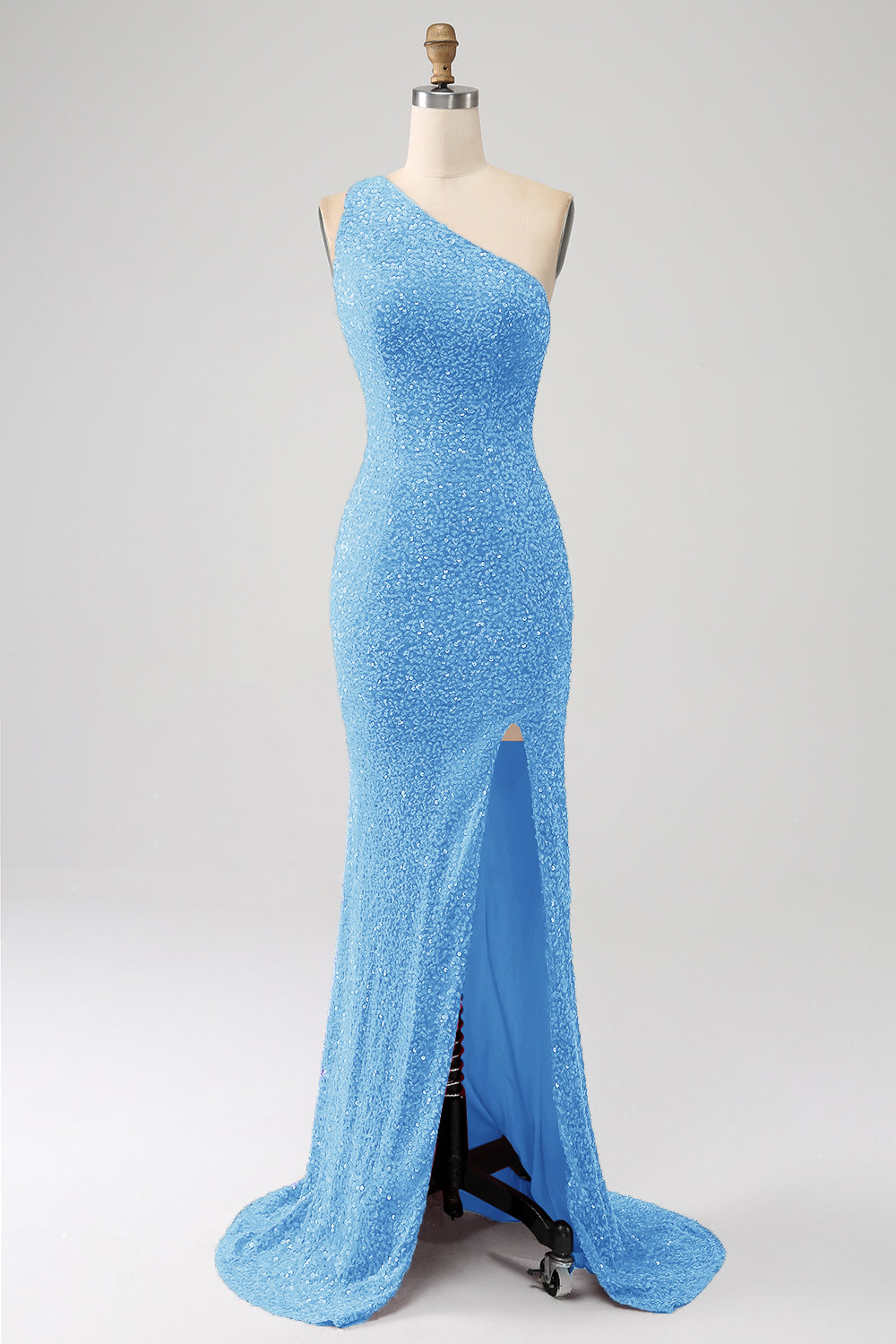 Robe longue de bal sirène scintillante asymétrique en sequins fuchsia avec fente