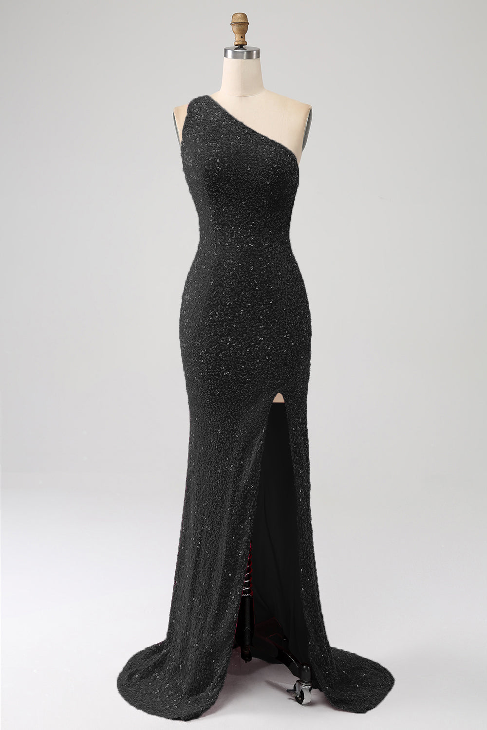 Robe longue de bal sirène scintillante asymétrique en sequins fuchsia avec fente