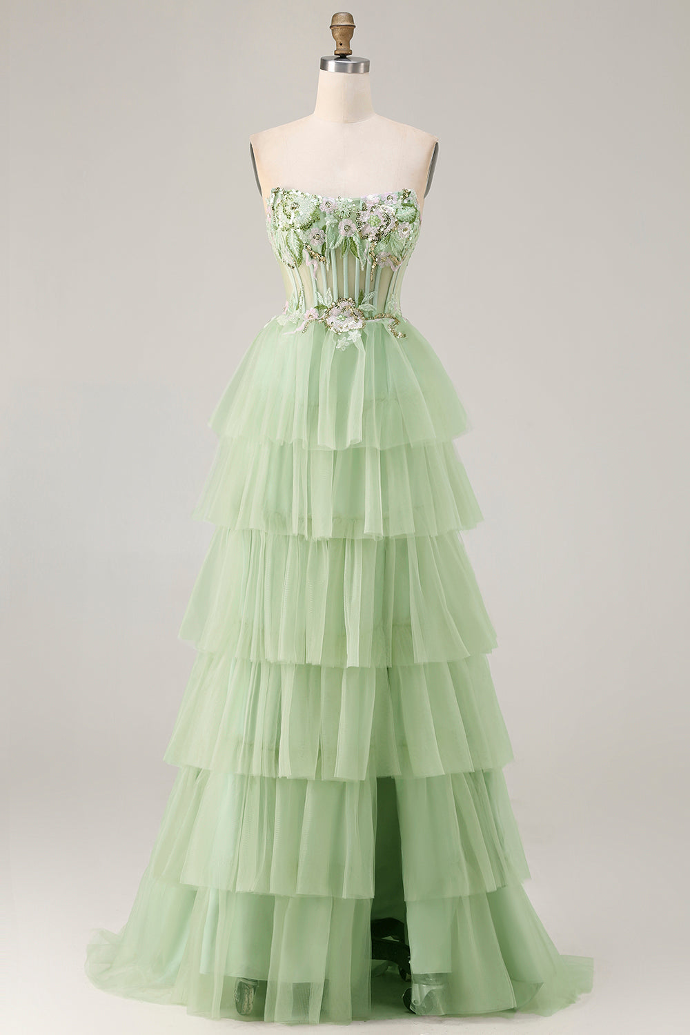 Strapless Green A-Line Corset Tiered Ruffle Tulle Long Prom Dress with Slit