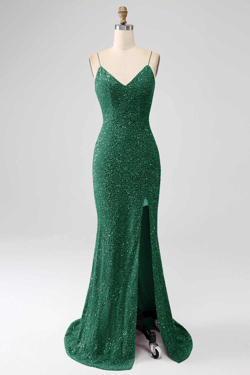 Robe de bal de sirène fuchsia à bretelles spaghetti fendue avec paillettes